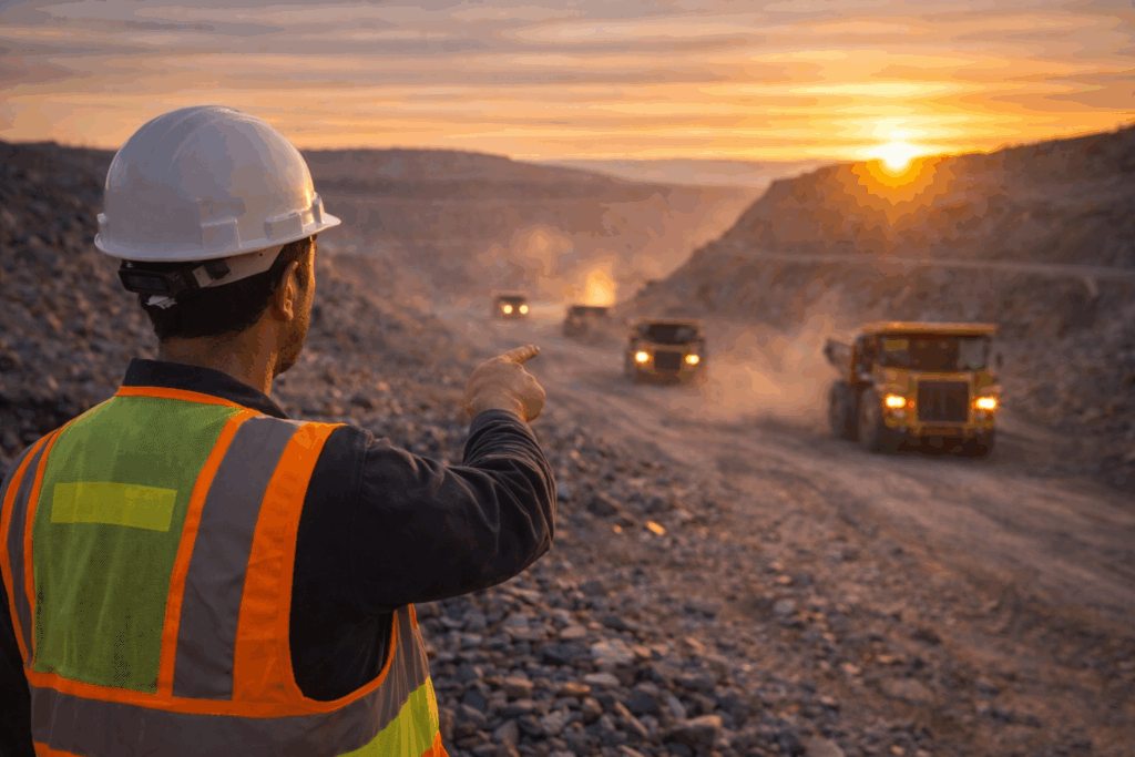 Operario minero revisando faena con maquinaria pesada al atardecer — QA/QC y geometalurgia en toma de decisiones mineras
